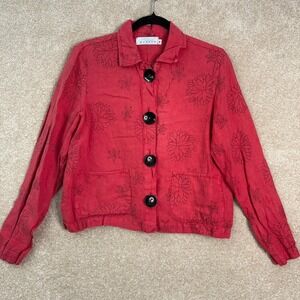 WILLOW 100% Linen Floral Jacket Women's Small Red Button Front Lagenlook‎ Boho
